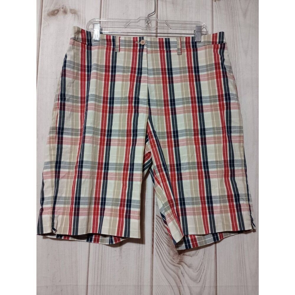 Anne Klein Sport Womens Plaid Stretch Shorts Red Navy Khaki Size 16 Preppy